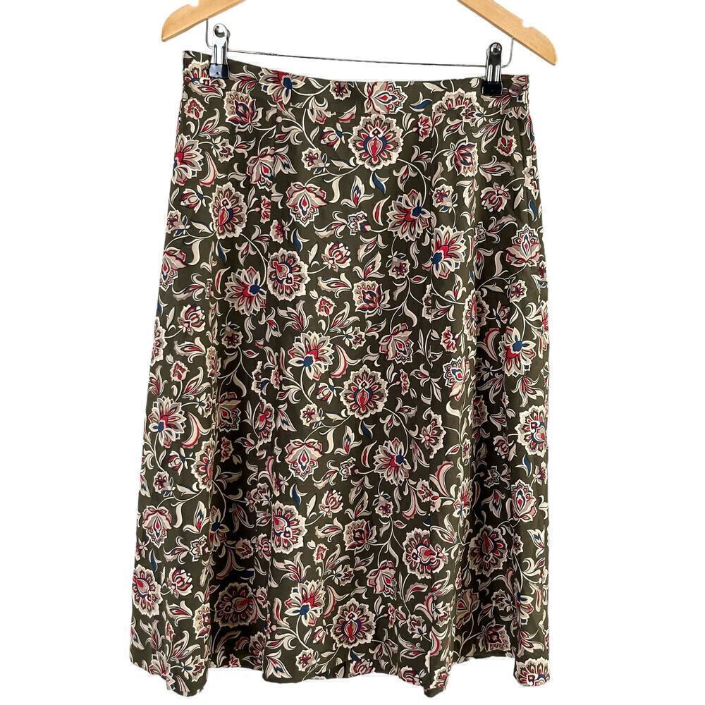 Talbots Silk Floral Midi Skirt in Olive Green Red Boho Print Zip Side, Size 12P